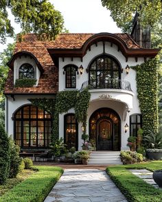 a large white house with lots of windows and ivy growing on it's side