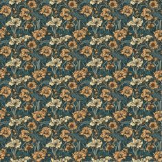 an abstract floral pattern with brown and blue flowers on a dark green background for wallpaper