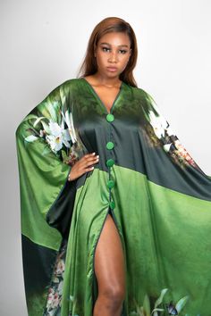 Our gorgeous kaftan with the most Exotic flower print. The bright and bold colors make it perfect for a tropical vacation. It is made of a super soft satin which makes it perfect for lounging by a poolside or any outdoor setting. Silk Kaftan Dress, Plus Size Kaftan, Dress Abaya, Silk Kaftan, Outdoor Setting, Abaya Dress, Maxi Robes, Purple Silk, Tropical Vacation