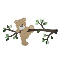 a brown teddy bear sitting on top of a tree branch with green leafy branches