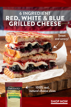 an advertisement for red, white and blue grilled cheese sandwiches on a cutting board