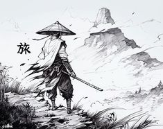 an ink drawing of a man with a hat and umbrella walking on a path in the mountains