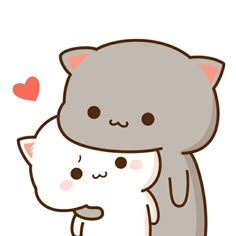 two cats hugging each other with hearts in the background