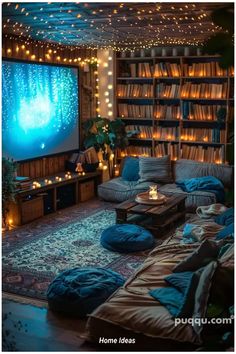 a living room filled with lots of furniture and bookshelves covered in fairy lights