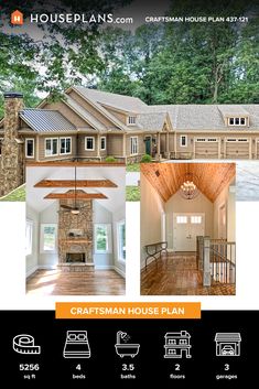 the craftsman's house plan is shown with pictures of different rooms, including an open floor