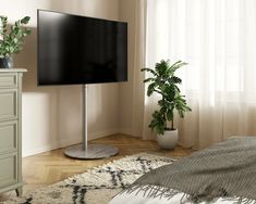 a flat screen tv sitting on top of a wooden stand next to a plant in a pot