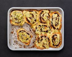 a pan filled with different types of food