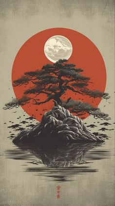 an illustration of a tree on top of a rock in the water with a full moon behind it