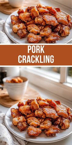 this is an image of pork crackling on a white plate with the words pork crackling above it