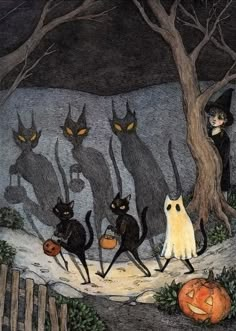 an image of halloween scene with cats and pumpkins