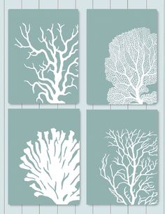 four different sea corals on blue and white wall art prints, set of 4