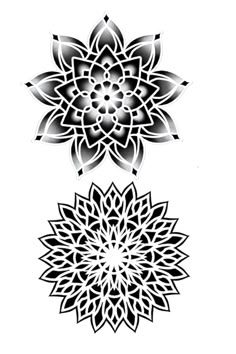 two black and white flower designs on a white background, each with an intricate design