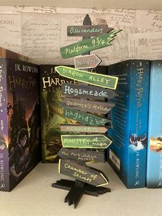 several harry potter books are stacked on top of each other with arrows pointing to them