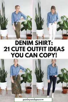 Here are 21 outfit ideas for how to wear a denim shirt! Chambray shirt outfit ideas that you can copy today. Shirt Tied Around Waist, Chambray Shirt Outfit, Chambray Shirt Outfits, Shirt Outfit Ideas, Denim Shirt Outfit, Style Rut, Booties Outfit, Blue Denim Shirt, Skirts With Boots