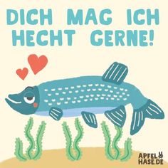 a fish with hearts floating out of it's mouth and the words, dich mag