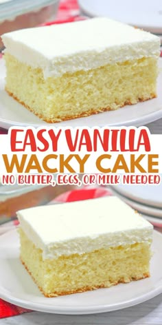 two slices of vanilla wacky cake on white plates with red and yellow napkins