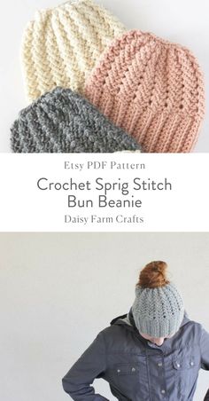 the free crochet spring stitch beanie pattern is shown in three different colors