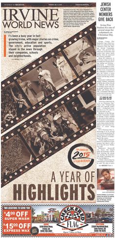 the front page of news paper with an image of film strip and movie reels on it