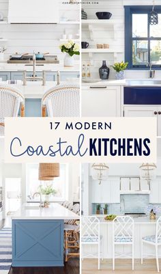 modern coastal kitchen with white cabinets and blue accents in the island area is featured on this page