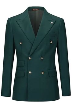 Luxury Double-breasted Party Suits, Luxury Green Formal Suits, Luxury Single-breasted Green Suits, Formal Dark Green Blazer With Notch Lapel, Green Fitted Suits With Double Button Closure, Green Semi-formal Suit With Buttons, Green Fitted Double Breasted Tuxedo, Green Notch Lapel Blazer With Double-breasted Buttons, Green Double-breasted Blazer With Notch Lapel