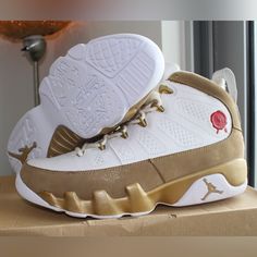 Brand New, Size 9 With Original Box, Bags, And Wooden Inserts! Luxury Basketball Shoes, Luxury Leather Jordan Sports Shoes, Luxury Leather Jordan Shoes For Sports, Gold High-top Leather Basketball Shoes, Gold Leather Basketball Shoes, Gold Leather Round Toe Basketball Shoes, Jordan Swag, Air Jordan Retro 9, Retro 9