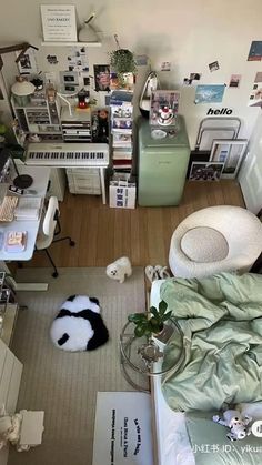 an aerial view of a bedroom with lots of clutter