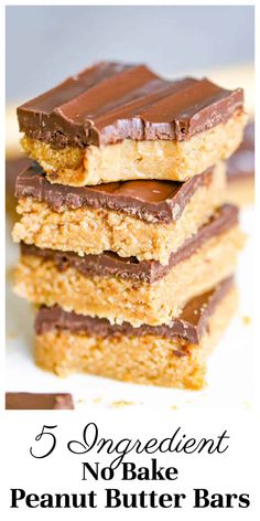 five no bake peanut butter bars stacked on top of each other with text overlay