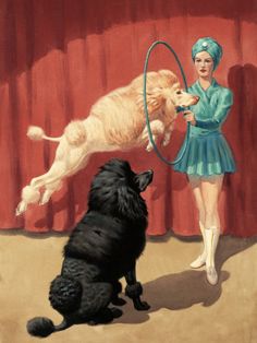 a painting of a woman and two dogs playing with a hula hoop in front of a red curtain