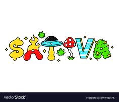 the word savvy in cartoon style with mushrooms and other things around it on a white background