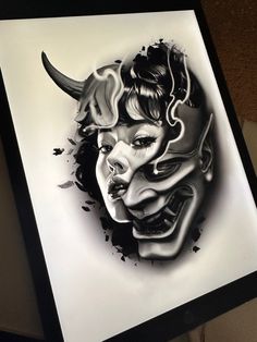 a black and white drawing of a woman's face with horns on her head