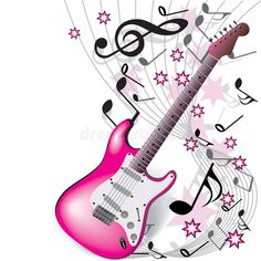 a pink guitar with musical notes and stars