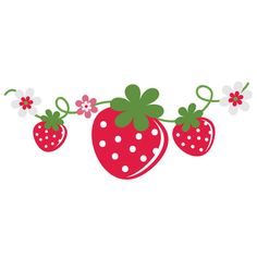 three strawberries hanging from a line with flowers and leaves on it's sides