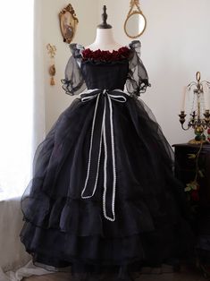 OP will come with nine rose brooches pin on the dress. Puff semi sheer short sleeves, removable roses pin on the neckline and on the skirt, white trimmed black sash. Shirring back, large size options make the dress plus size friendly.  Full set includes the rosette long black dress, a floral and beads chain bow train, a long black veil, a white floral KC, and a FREE petticoat.   	 		 			Size 			S 			M 			L 			XL 			XXL 			XXXL 			XXXXL 		 		 			Bust 			90 			96 			102 			110 			117 			122 			126 Black Rose Design, One Piece Full, Sheer Shorts, Beads Chain, Black Veil, Prom Night, Skirt White, Long Black Dress, Lolita Dress