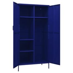 an open blue cabinet with shelves and doors on each side, isolated against a white background