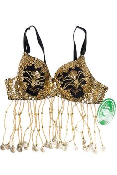 Size: Small Color: Gold Decade: 1990s (estimated) Chest Width: 13" Vintage Condition Notes: - No size listed. 6.5" length from top to bottom of bra cup.  - Deadstock - unworn, in new condition with original tags.  Brand: Saif Fringe Bra, Vintage Halloween Costume, Bra Cup, Sequin Beading, Bra Top, Bra Cups, Vintage Halloween, Bra Tops, Vintage Tops