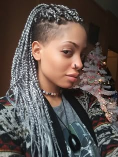 Undercut Box Braids, Mohawk With Braids Shaved Sides, Grey Box Braids Silver, Undercut With Box Braids, Undercut Braids Hairstyles, Box Braids Undercut, Box Braids With Undercut, Locs Mohawk, Silver Box Braids