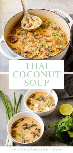 Overhead view of a pot of Thai coconut soup and two soups bowls filled with the soup. Thai Soup Recipes, Coconut Chicken Soup, Coconut Soup Recipes, Soup With Coconut Milk, Thai Chicken Soup, Thai Coconut Soup, Tom Kha Gai, Tom Kha, Coconut Milk Soup