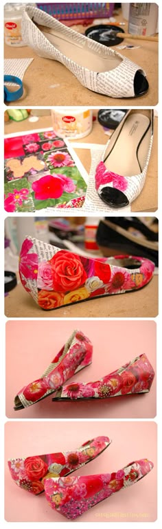 four different images of shoes with flowers on them and the bottom one is made out of paper