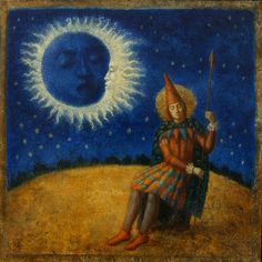 a painting of a man sitting in front of the moon and holding a stick with his hand