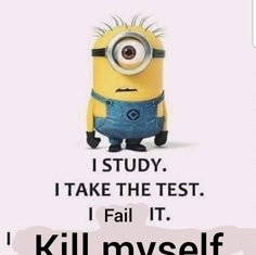 a minion with the caption i study i take the test i fail it kill my self