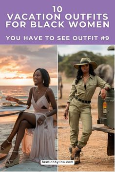 Discover stylish and practical vacation outfits perfect for Black women. From vibrant beachwear to chic city ensembles, find inspiration for every travel destination in this curated collection. Outfit Ideas For South Africa, Vineyard Outfit Black Women, Africa Trip Outfits, Jamaica Vacation Outfits Black Women, Southern Gothic Fashion, Jamaica Vacation Outfits, South Africa Trip, Vineyard Outfit, South Africa Vacation