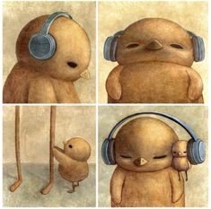 four different pictures of an animal with headphones and a bird in the foreground