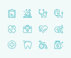 the icons for dental care are shown in blue on a green and white square background