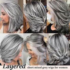 Pelucas en capas ombre gris plateado con flequillo de cortina para mujeres Peluca sintética corta gris claro Peluca bob ondulada gris en capas Peluca bob rizada gris resaltada para mujeres negras 2024 - $21.99 Brown Hair With Silver Highlights, Layered Wig, Beautiful Gray Hair, Silver Highlights, Silver Hair Color, Silver Grey Hair, Grey Wig, Gray Hair Highlights, Ombre Wigs