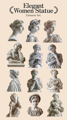 the elegant women statue set is shown in white and beige colors, including busts