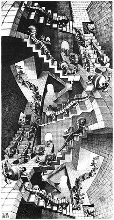 a drawing of people sitting at a table in front of a spiral staircase with many objects on it