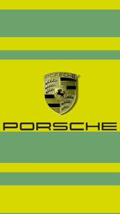 the porsche logo is shown on a green and yellow striped background with black letters that spell out