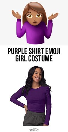 a woman in purple shirt emo girl costume with her hands on her hips and the caption that reads, purple shirt emo girl emo girl costume