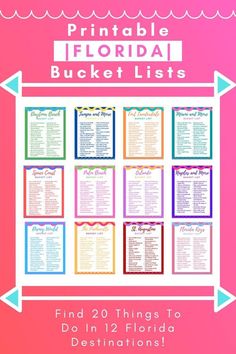 the printable florida bucket list is shown on a pink and blue background with text that reads