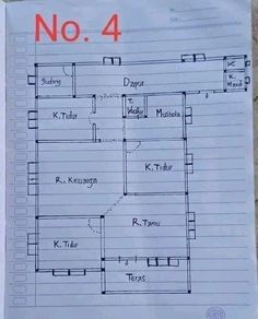 a paper with a drawing of a house on it and the number 4 in red